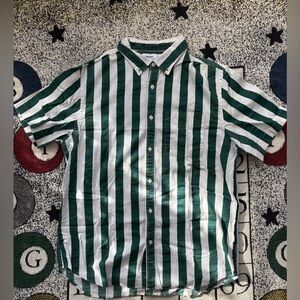 Men’s large green and white striped button up shirt by old navy